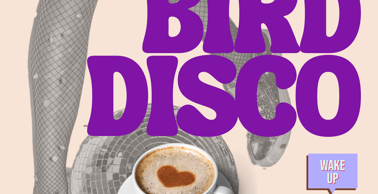 Poster mit dem Titel „EARLY BIRD DISCO“ in großen, lila Buchstaben. Im Hintergrund sieht man Beine in Netzstrumpfhosen und Glitzerschuhen, eine Discokugel und eine Tasse Cappuccino mit einem Herz aus Milchschaum. Daneben bunte Textfelder mit Schlagwörtern: „Wake Up“, „Drink Coffee“, „Dance“, „Be Happy“.  Darunter stehen die Veranstaltungsdetails: Donnerstag, 18.09.25 7:00 Uhr – 9:30 Uhr Sommersalon | Spielbudenplatz 22 | 20369 Hamburg  Logo vom „Sommersalon“ oben rechts.