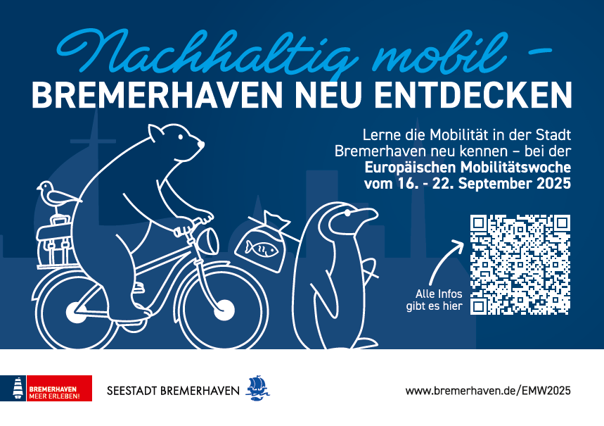 Plakat zur Europäischen Mobilitätswoche in Bremerhaven mit Bär auf Fahrrad und Pinguin, QR-Code und Infos zur Veranstaltung.