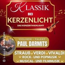 Werbung für ein klassisches Konzert mit Violinist Paul Darmits, das verschiedene Musikgenres umfasst.