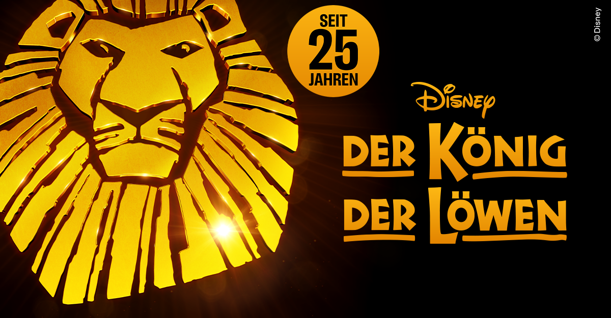 Logo von Disneys Der König der Löwen mit einem stilisierten Löwenkopf und dem Text 'Seit 25 Jahren'.