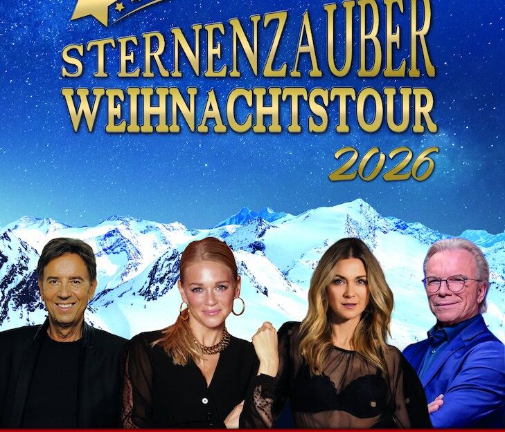 Poster der Sternenzauber Weihnachtstour 2026 mit vier Künstlern vor einem verschneiten Bergpanorama.