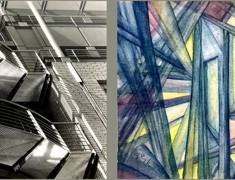 Links ein Schwarzweißfoto eines modernen Gebäudes mit Treppen, rechts ein abstraktes, farbenfrohes Gemälde mit geometrischen Formen.