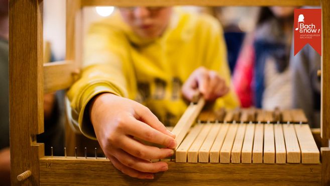 Nahaufnahme einer Person, die an einer hölzernen Orgelkonstruktion arbeitet.