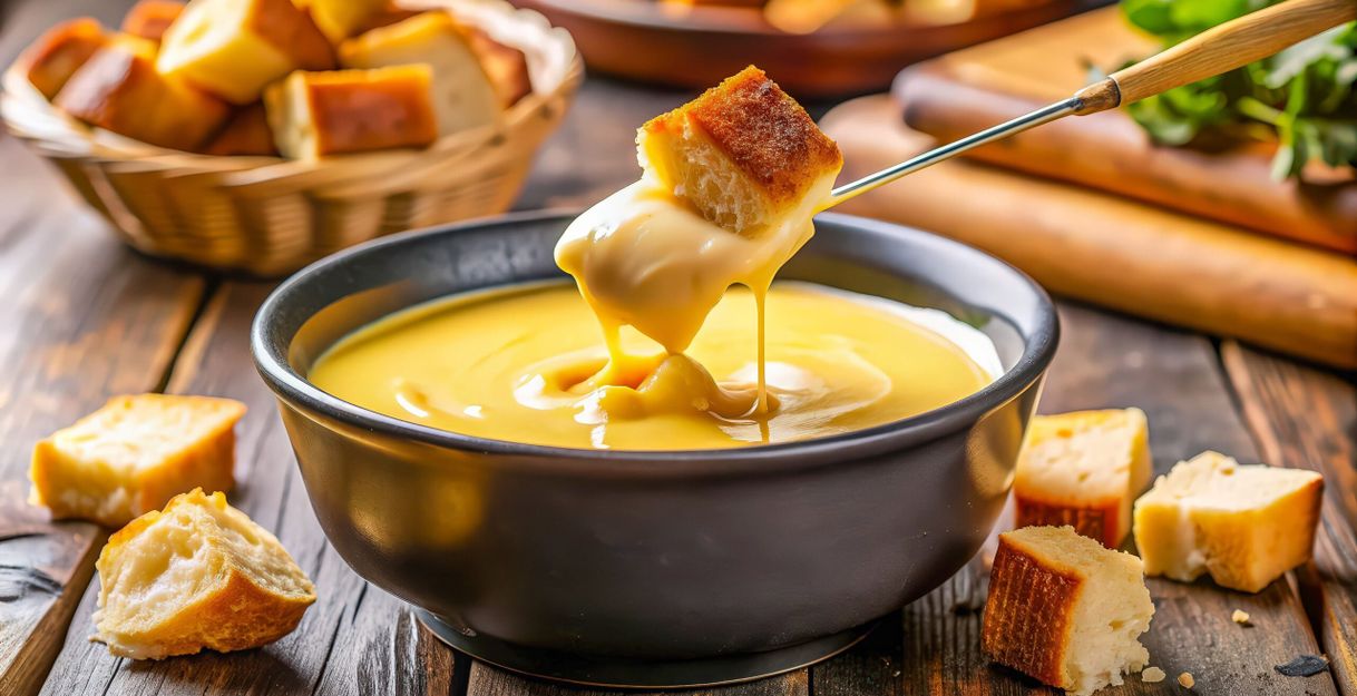 Ein Topf mit geschmolzenem Käse und Brotstücken auf einem Tisch.
