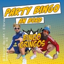 Zwei Personen in sportlicher Kleidung und Kronen posieren vor einem bunten Hintergrund mit dem Text 'Party Bingo an Bord Bingo Gringos'.