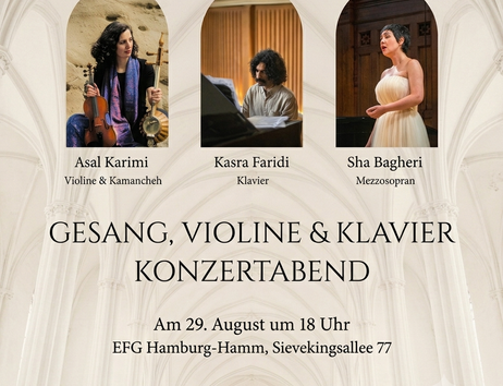 Konzertplakat: Gesang, Violine & Klavier Konzertabend. Am 29. August um 18 Uhr, EFG Hamburg-Hamm, Sievekingsallee 77. Mit Werken von Bach, Scarlatti, Buencamino, Fauré, Cui, Poulenc und Dehlavi.
