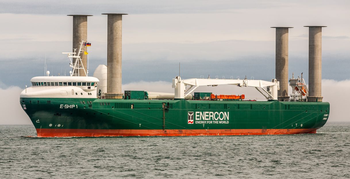 E-Ship 1 is a Flettner ship: four large rotorsails that rise from its deck.