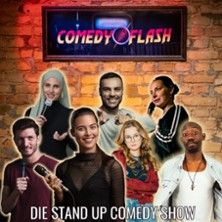 Plakat für eine Stand-up-Comedy-Show mit mehreren Comedians vor einer Backsteinwand.