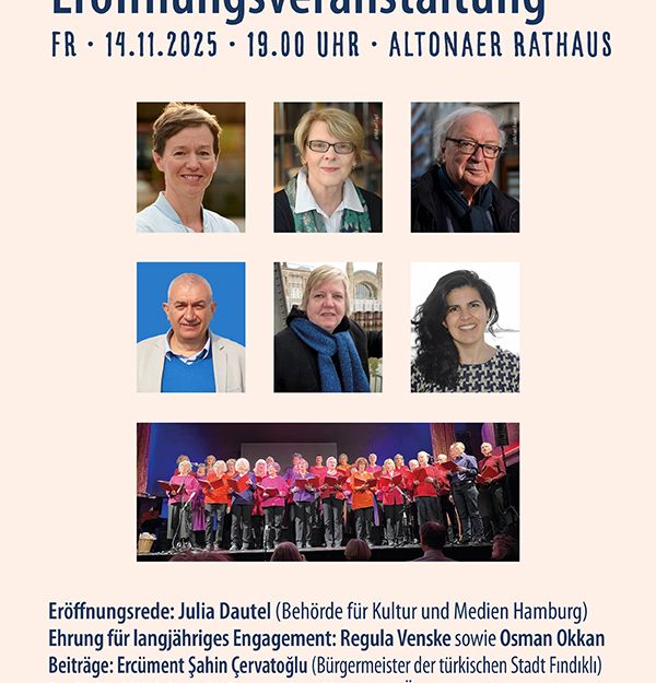 Plakat für die Eröffnungsveranstaltung der Interkulturellen Denkfabrik 2025 mit Fotos von Rednern und einem Chor.