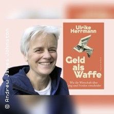 Porträt von Ulrike Herrmann neben dem Buchcover von 'Geld als Waffe'.