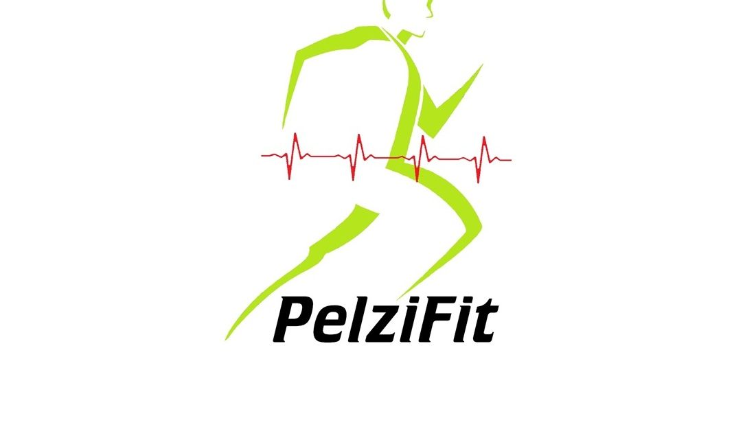 Logo von PelziFit mit einer grünen laufenden Figur und einer roten Herzlinie im Hintergrund.