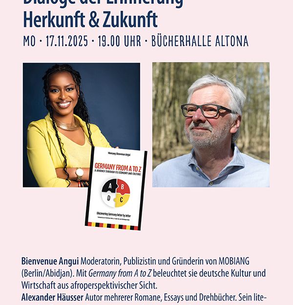 Plakat für eine Veranstaltung in der Bücherhalle Altona mit zwei Personen und einem Buchcover.