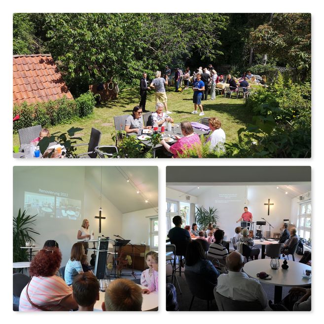 Menschen feiern im Garten und in einem Versammlungsraum mit christlichen Symbolen.