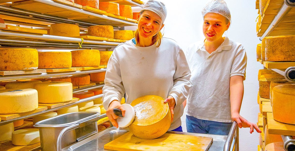 Zwei Personen in einer Käserei, umgeben von Käselaiben auf Regalen.