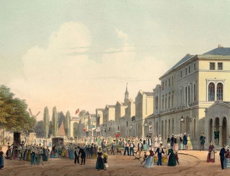 Historische Darstellung der Reeperbahn mit Menschen und Gebäuden im 19. Jahrhundert.