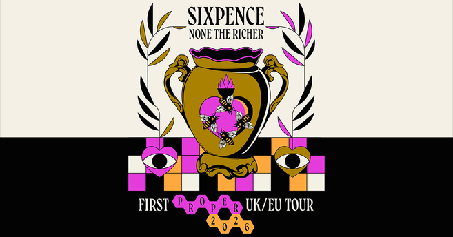 Grafik mit einem goldenen Pokal, Herzen, Augen und dem Text 'Sixpence None The Richer First Proper UK/EU Tour 2026'.