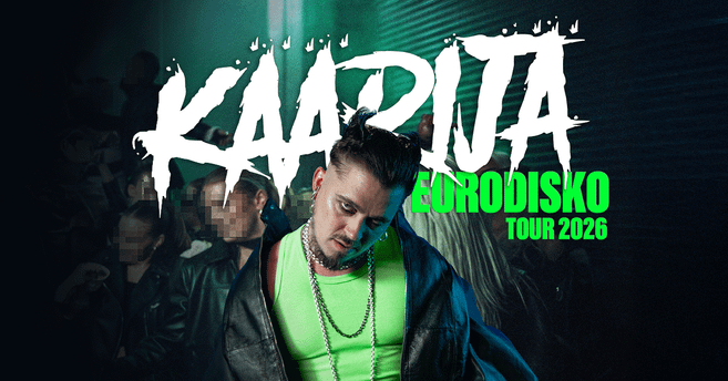 Ein Mann in einem neonfarbenen Outfit posiert vor einer Menschenmenge. Der Text 'Käärijä Eurodisko Tour 2026' ist darüber geschrieben.