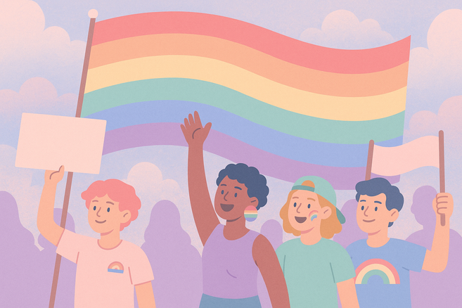 ymbolisches Bild einer CSD-Demonstration in sanften Pastelltönen – stilisierte Menschen mit Regenbogenflagge vor wolkigem Hintergrund, ohne erkennbare Gesichter oder reale Details.