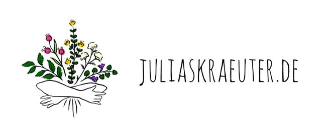 Illustration eines Blumenstraußes mit der Website-Adresse juliaskraeuter.de daneben.