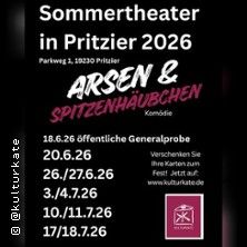 Poster für das Sommertheater in Pritzier 2026 mit dem Stück 'Arsen & Spitzenhäubchen'.