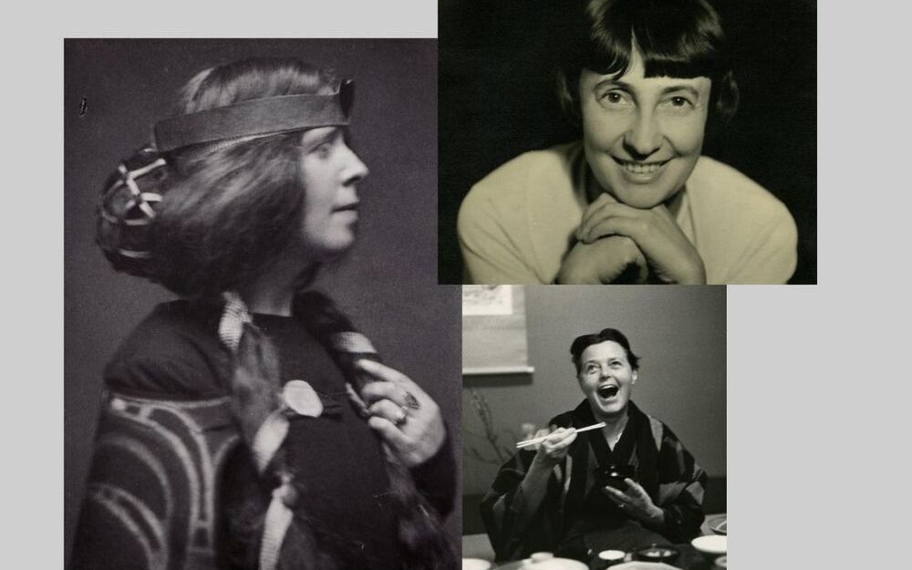 Fotocollage aus drei schwarz-weiß Fotos, die je die Gestalterinnen Margaret MacDonald, Margarete Schütte-Lihotzky und Charlotte Perriand zeigen. Alle Frauen schauen freundlich bis fröhlich. Eine wird im Profil gezeigt, die anderen in Frontalaufnahme.