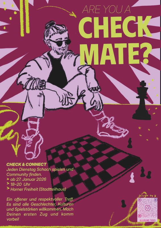 Poster für ein Schach-Event mit einer gezeichneten Person und Schachbrett.