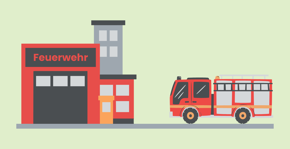 Illustration eines Feuerwehrhauses mit einem Feuerwehrauto daneben.