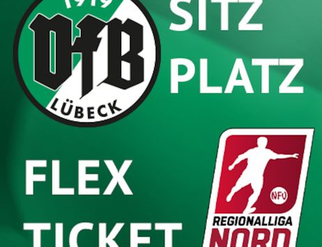 Grafik mit VfB Lübeck-Logo, den Worten „Stehplatz“ und „Flexkarte“ sowie dem Logo der Regionalliga Nord auf grünem Rasenhintergrund.
