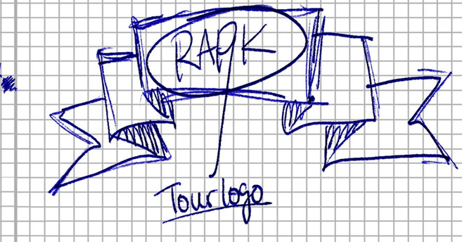 Handgezeichnetes Tourlogo mit dem Schriftzug 'RAP K' auf kariertem Papier.