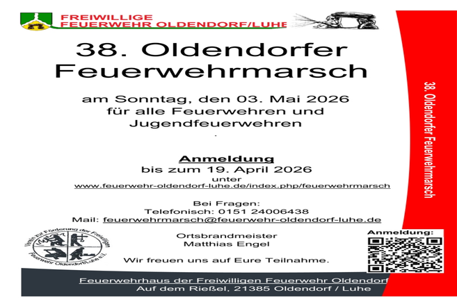 Einladungsplakat für den 38. Oldendorfer Feuerwehrmarsch am 3. Mai 2026.