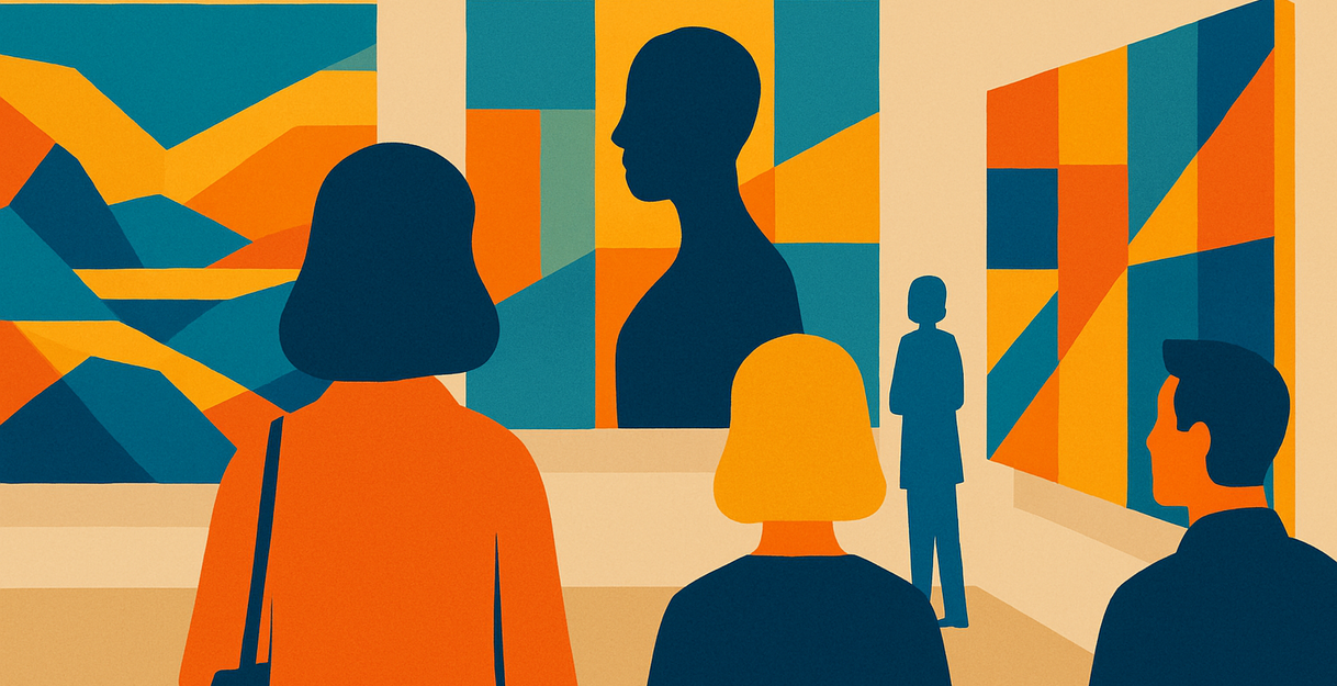 Menschen betrachten abstrakte Kunstwerke in einer Galerie.