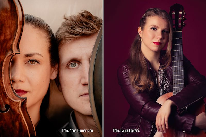 Zwei Musikerporträts: Links ein Mann und eine Frau mit einem Cello, rechts eine Frau mit einer Gitarre.
