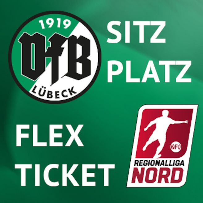 Grafik mit VfB Lübeck-Logo, den Worten „Stehplatz“ und „Flexkarte“ sowie dem Logo der Regionalliga Nord auf grünem Rasenhintergrund.