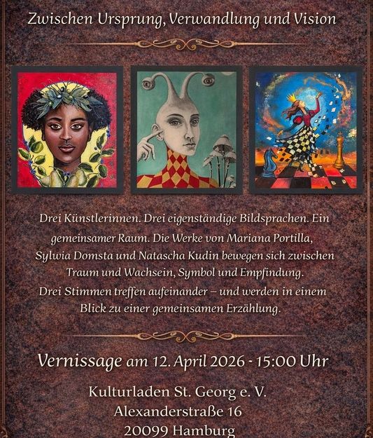 Einladungsposter für eine Kunstausstellung mit drei Gemälden und Veranstaltungsdetails.