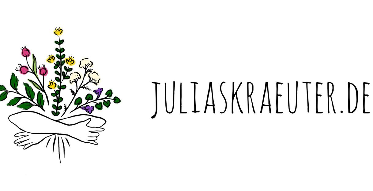 Illustration eines Blumenstraußes mit der Website-Adresse juliaskraeuter.de daneben.