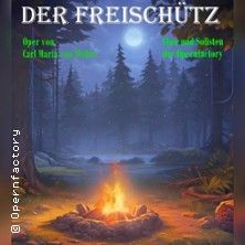 Illustration eines Lagerfeuers in einem Wald bei Nacht mit dem Titel 'Der Freischütz'.