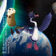 Zwei animierte Figuren, ein Vogel und ein Otter, schweben über der Erde im Weltraum.