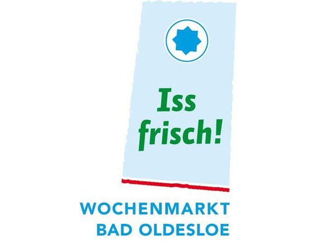 Logo des Wochenmarkts Bad Oldesloe mit dem Slogan 'Iss frisch!' und einem blauen Sternsymbol.