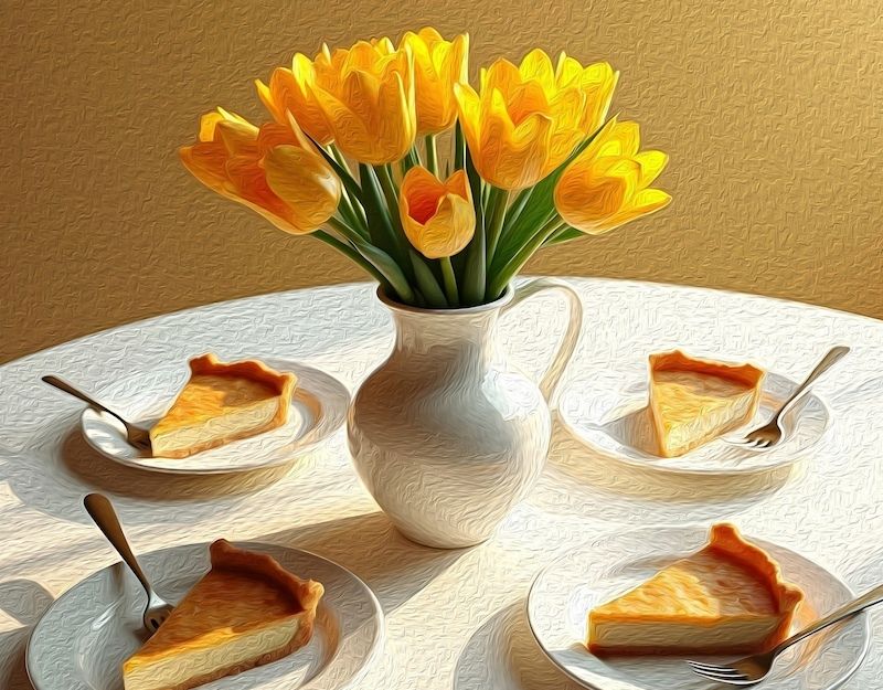 Ein Tisch mit vier Tellern, auf denen Kuchenstücke liegen, und einer Vase mit gelben Tulpen.