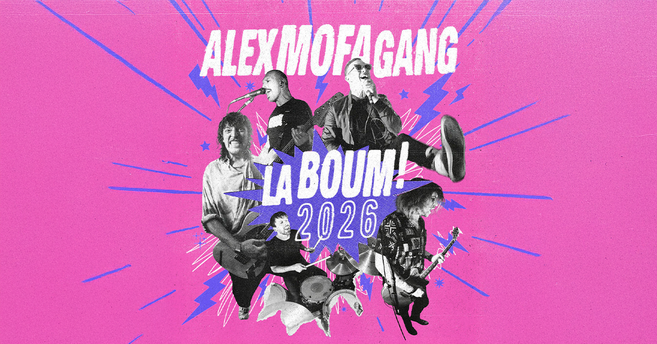 Collage der Band Alex Mofa Gang mit dem Schriftzug 'La Boum! 2026' auf pinkem Hintergrund.