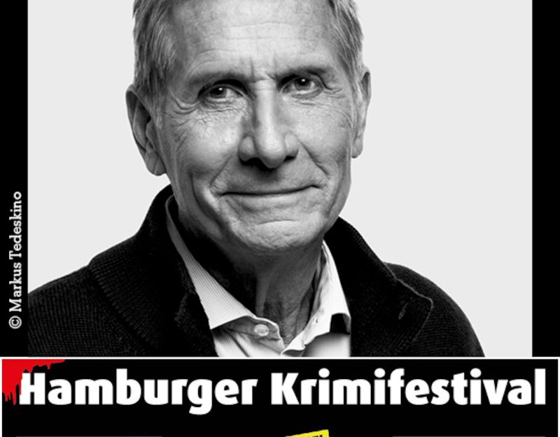Porträt eines älteren Mannes mit grauen Haaren, lächelnd. Text: Hamburger Krimifestival. Logos von Heymann, Kampnagel, Hamburger Abendblatt.