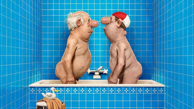Zwei Cartoon-Figuren stehen nackt in einer blauen Badewanne und schauen sich an.