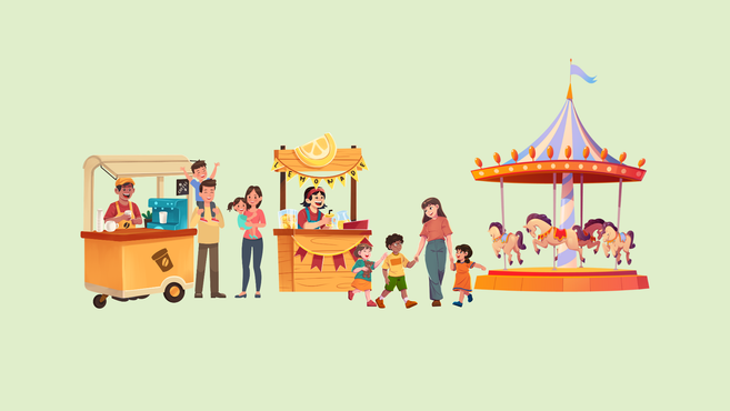Illustration eines Dorffestes mit einem Kaffeestand, einem Limonadenstand, Familien und einem Karussell.