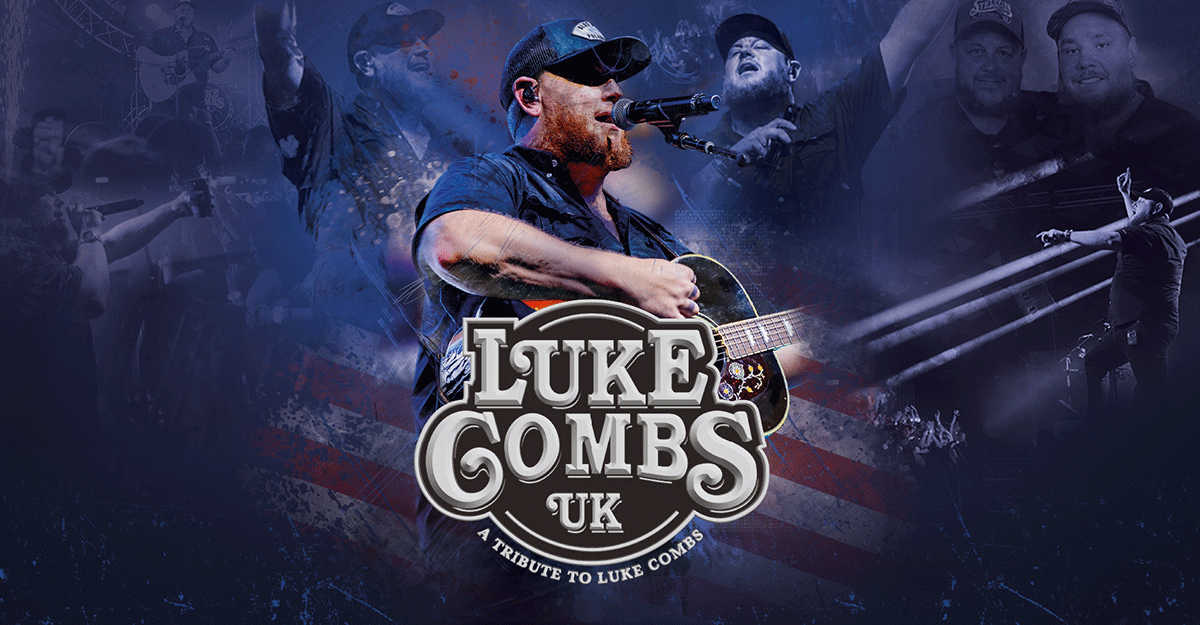 Collage eines Luke Combs Tribute-Konzerts mit einem Sänger auf der Bühne und dem Schriftzug 'Luke Combs UK'.