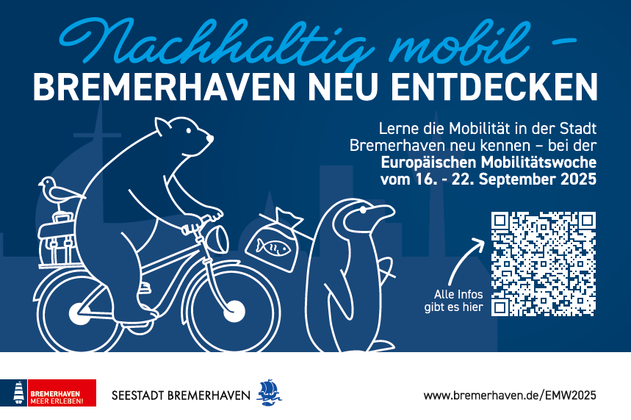 Plakat zur Europäischen Mobilitätswoche in Bremerhaven mit Bär auf Fahrrad und Pinguin, QR-Code und Infos zur Veranstaltung.