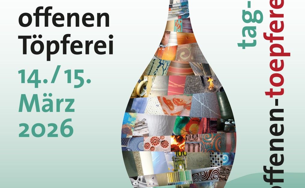 Poster für den 21. Tag der offenen Töpferei am 14. und 15. März 2026 mit einer Collage in Form einer Vase.