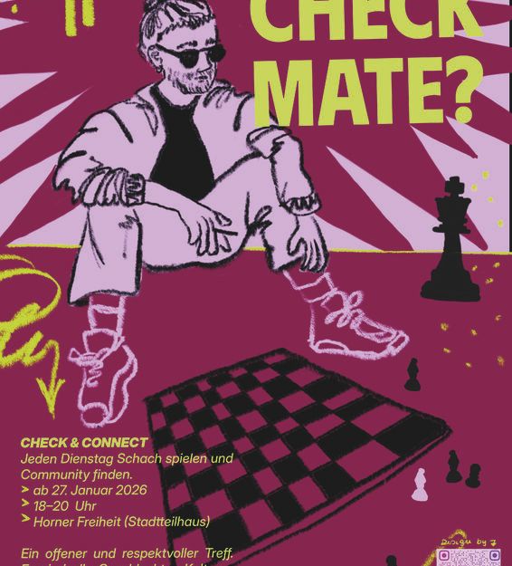Poster für ein Schach-Event mit einer gezeichneten Person und Schachbrett.