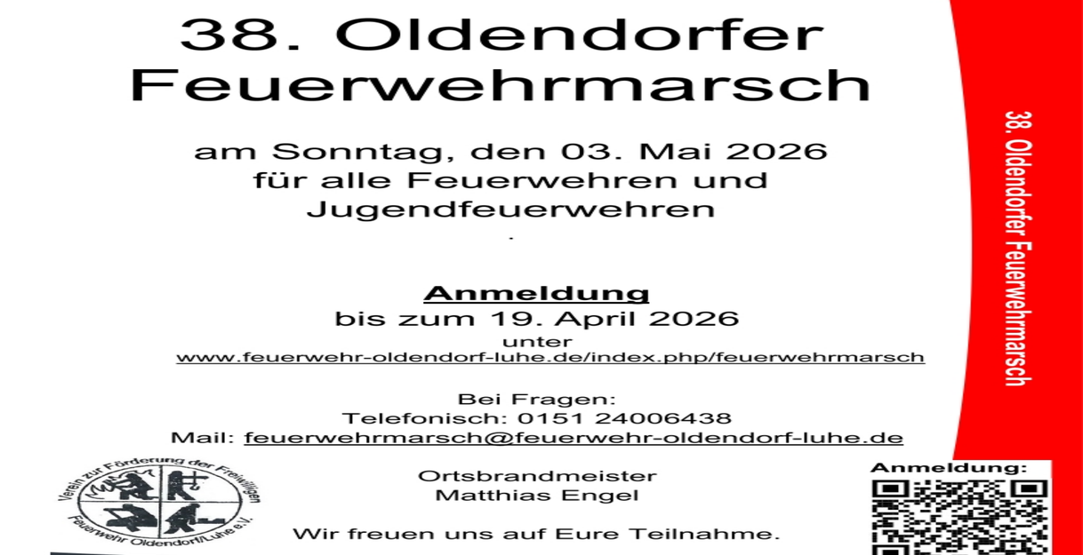 Einladungsplakat für den 38. Oldendorfer Feuerwehrmarsch am 3. Mai 2026.