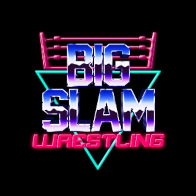 Logo von Big Slam Wrestling mit neonfarbenem Design und einem Ring im Hintergrund.