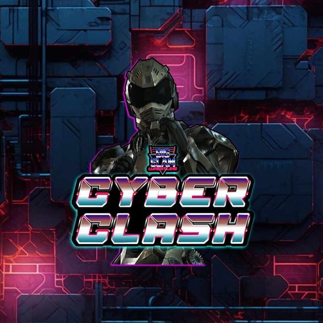 Ein futuristischer Roboter vor einem neonbeleuchteten Hintergrund mit dem Schriftzug 'Cyber Clash'.
